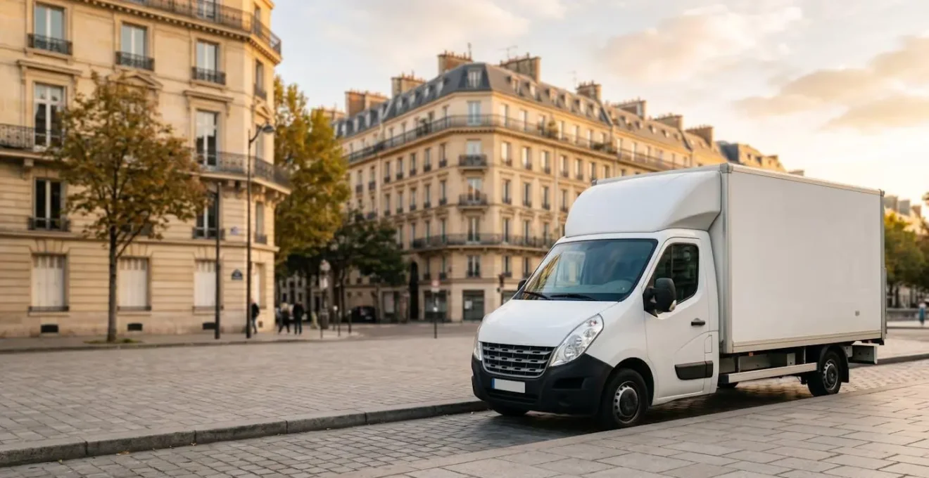 Camion de déménagement blanc garé dans un environnement urbain français avec espace négatif autour