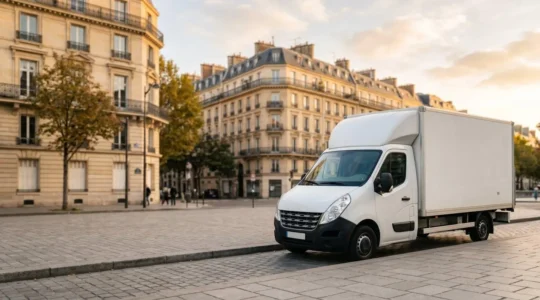 Camion de déménagement blanc garé dans un environnement urbain français avec espace négatif autour