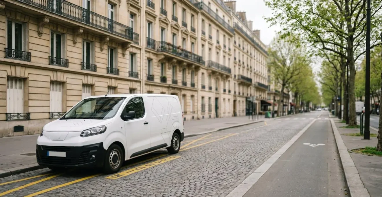 Véhicule utilitaire de livraison en milieu urbain français avec circulation fluide et infrastructure moderne