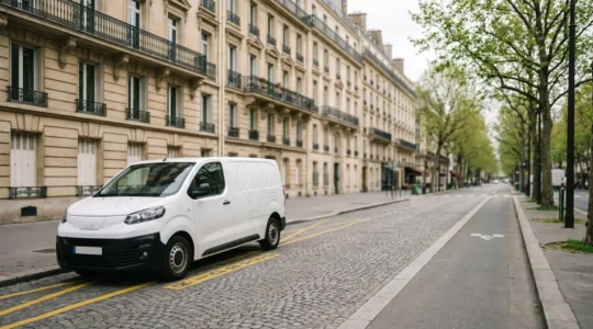 Véhicule utilitaire de livraison en milieu urbain français avec circulation fluide et infrastructure moderne