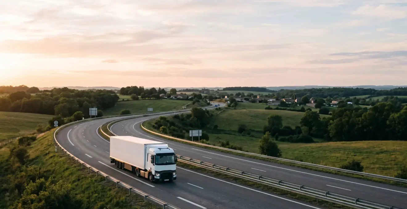 Camion de transport routier circulant sur une autoroute française dans un paysage caractéristique