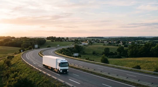 Camion de transport routier circulant sur une autoroute française dans un paysage caractéristique
