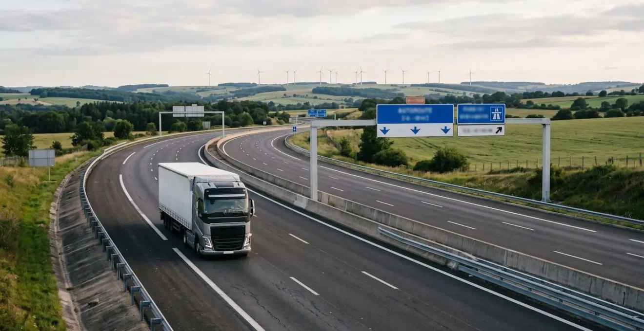 Poids lourd moderne sur autoroute française avec chargement marchandises illustrant défis réglementaires secteur transport