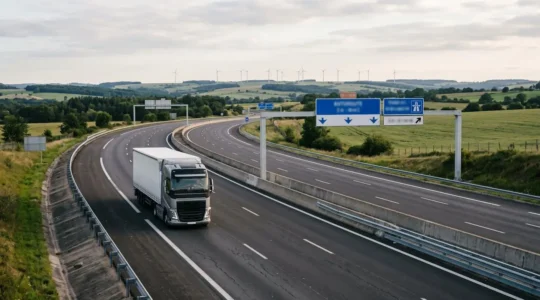 Poids lourd moderne sur autoroute française avec chargement marchandises illustrant défis réglementaires secteur transport