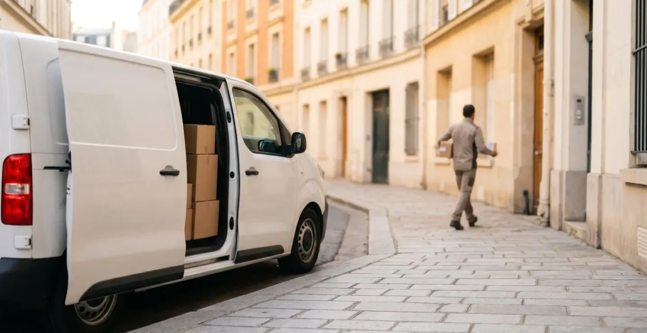 Camionnette de livraison sur le dernier kilomètre en zone urbaine française avec colis en cours de distribution