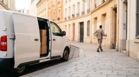 Camionnette de livraison sur le dernier kilomètre en zone urbaine française avec colis en cours de distribution