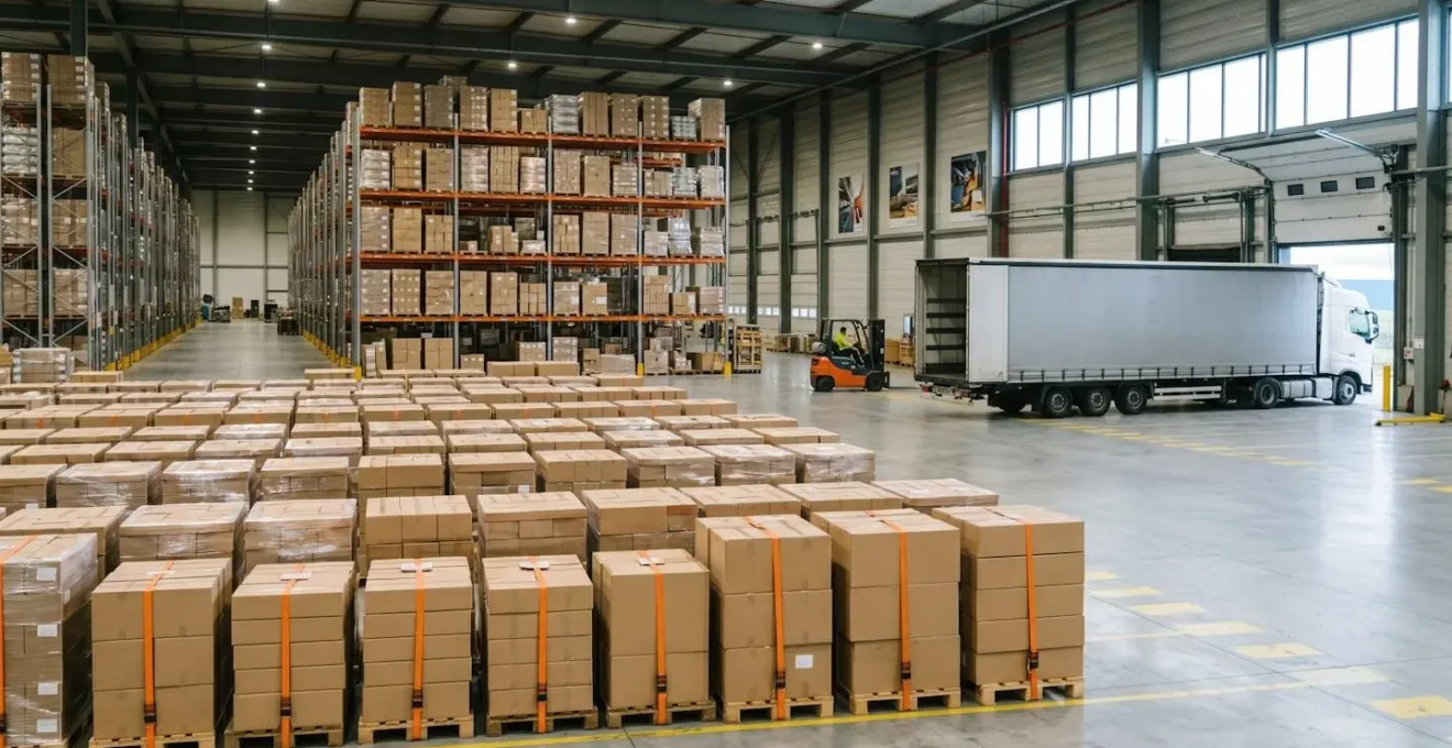 Entrepot logistique moderne avec palettes standardisees et camion de transport en arriere-plan