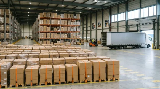 Entrepot logistique moderne avec palettes standardisees et camion de transport en arriere-plan