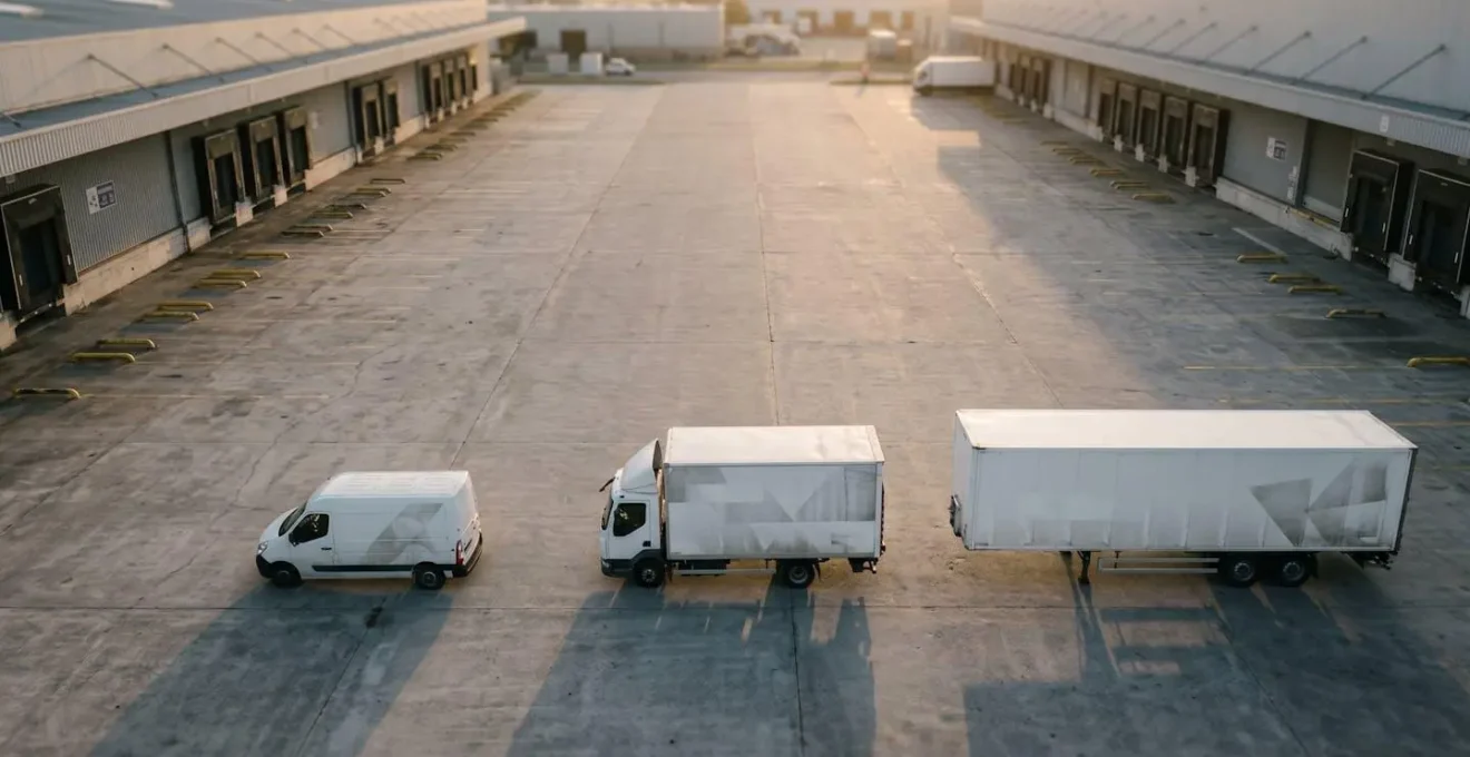 Carrefour logistique avec zones de chargement organisées montrant différents types de véhicules de transport routier