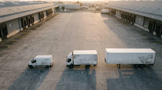 Carrefour logistique avec zones de chargement organisées montrant différents types de véhicules de transport routier