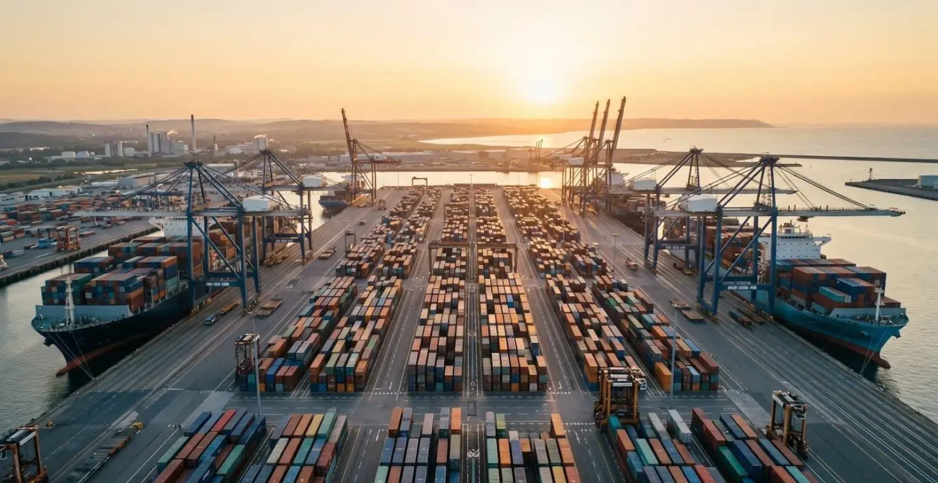Vue aérienne d'un port de conteneurs avec porte-conteneurs et infrastructures logistiques modernes