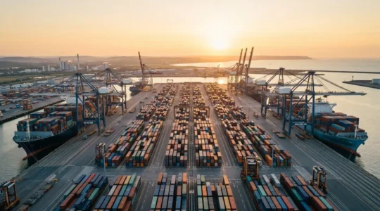 Vue aérienne d'un port de conteneurs avec porte-conteneurs et infrastructures logistiques modernes