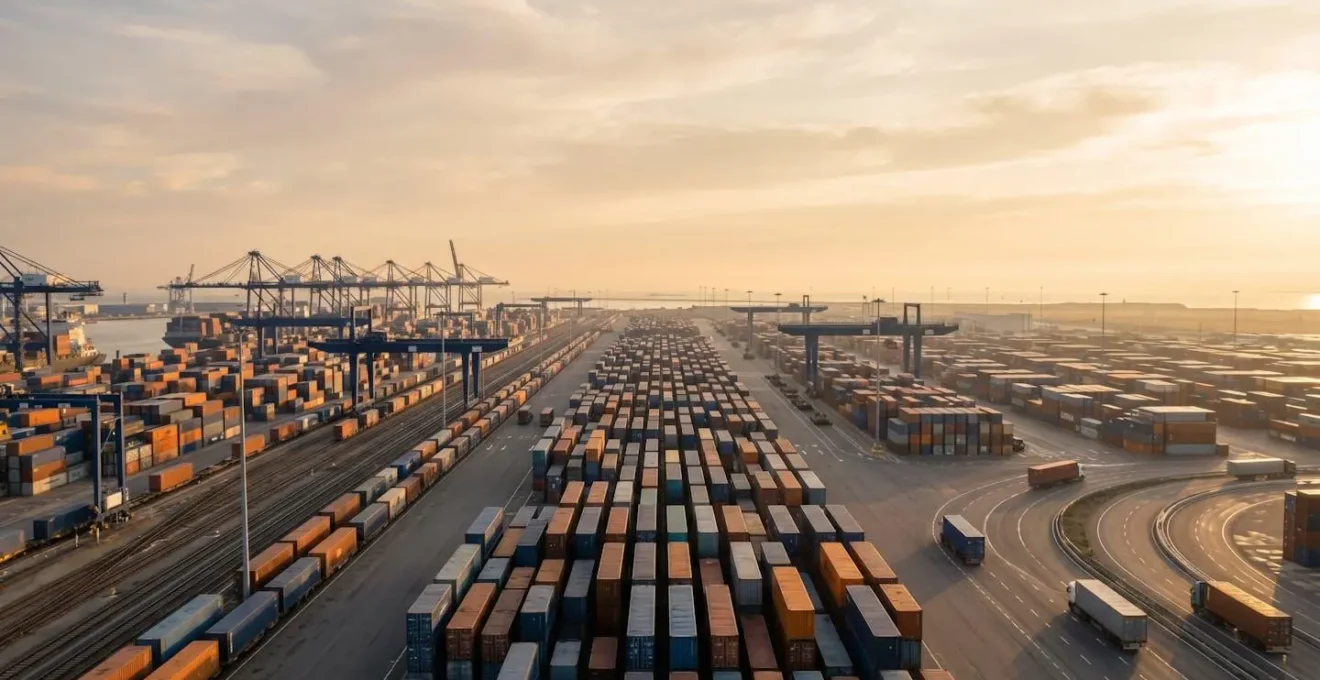 Terminal de conteneurs dans un port français avec trains et camions en arrière-plan illustrant le transport multimodal