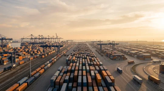 Terminal de conteneurs dans un port français avec trains et camions en arrière-plan illustrant le transport multimodal
