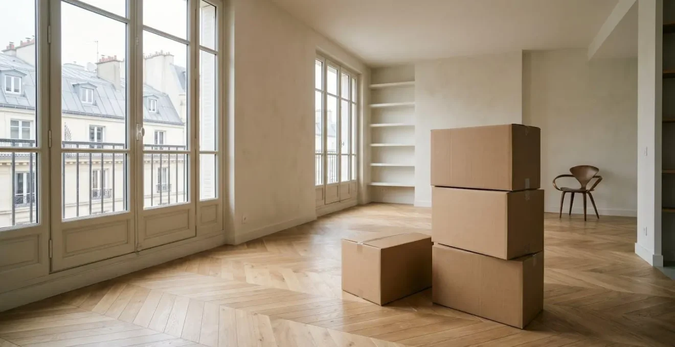 Déménagement organisé avec cartons étiquetés dans un intérieur lumineux