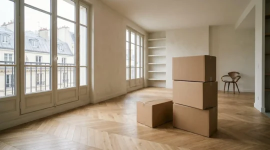 Déménagement organisé avec cartons étiquetés dans un intérieur lumineux