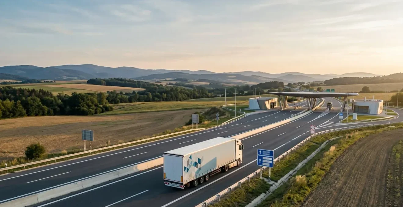 Vue aérienne d'un camion de déménagement sur une route européenne traversant les frontières, symbolisant la logistique internationale