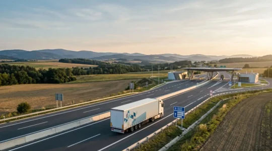 Vue aérienne d'un camion de déménagement sur une route européenne traversant les frontières, symbolisant la logistique internationale