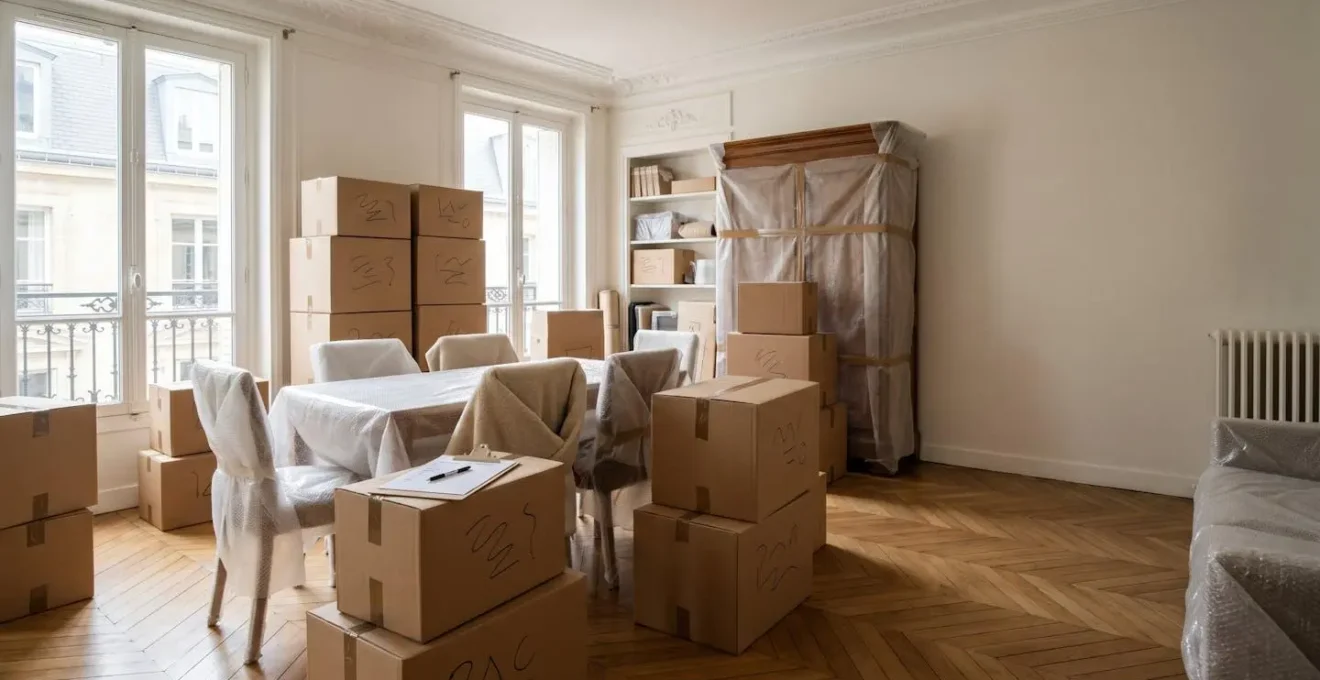 Préparation d'un déménagement international avec cartons et documents administratifs