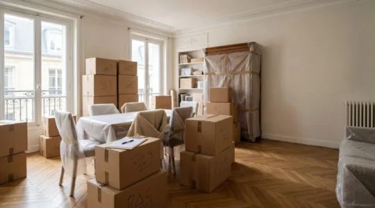 Préparation d'un déménagement international avec cartons et documents administratifs