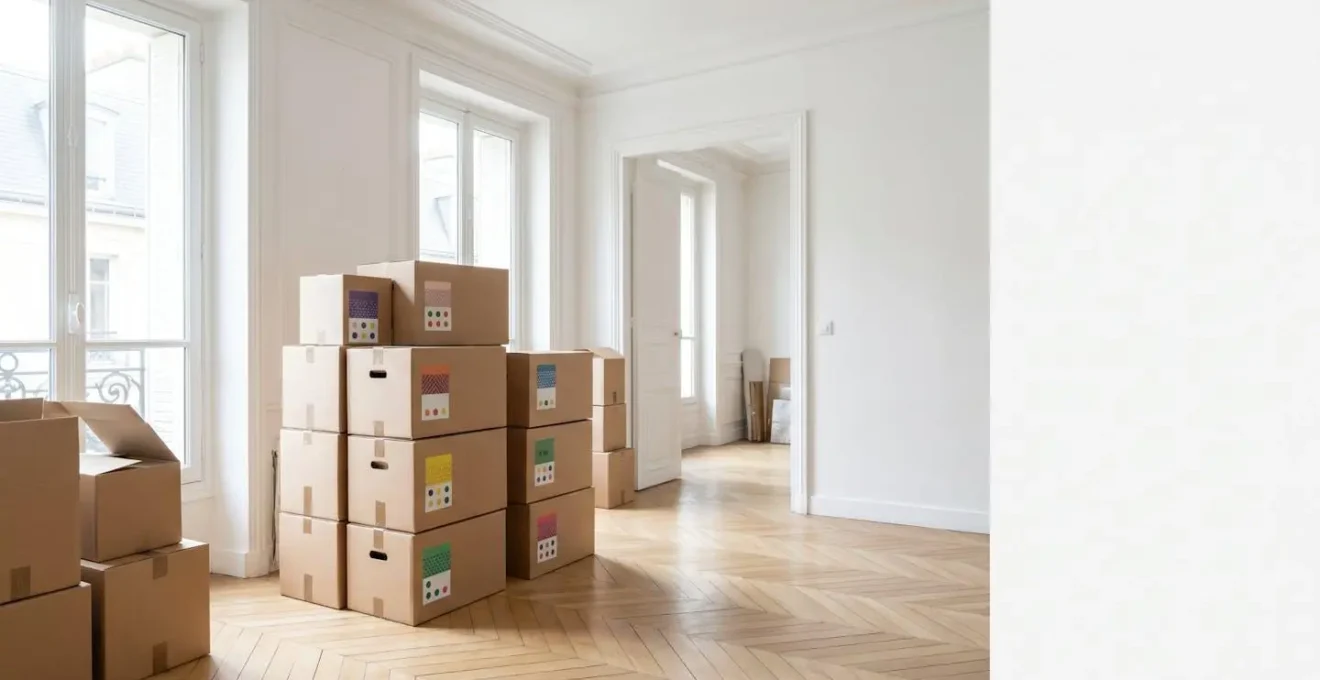 Scène de déménagement organisé avec cartons étiquetés et espace lumineux