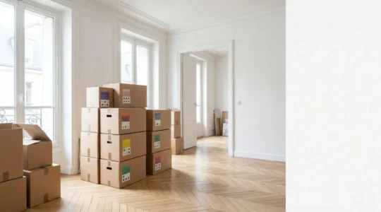Scène de déménagement organisé avec cartons étiquetés et espace lumineux