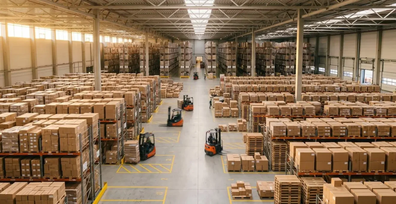 Vue aérienne d'un entrepôt logistique moderne avec gestion des flux de marchandises et systèmes de traçabilité