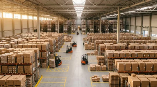 Vue aérienne d'un entrepôt logistique moderne avec gestion des flux de marchandises et systèmes de traçabilité