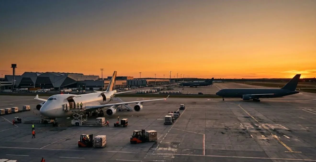Vue d'ensemble d'un hub de fret aérien moderne avec avions cargo et infrastructure logistique