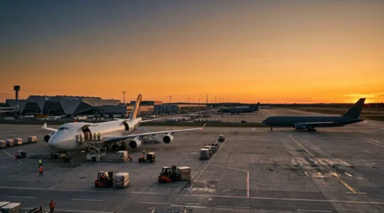 Vue d'ensemble d'un hub de fret aérien moderne avec avions cargo et infrastructure logistique