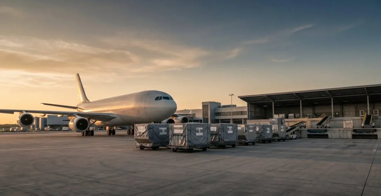 Zone cargo aéroportuaire française avec avion de fret et conteneurs aériens