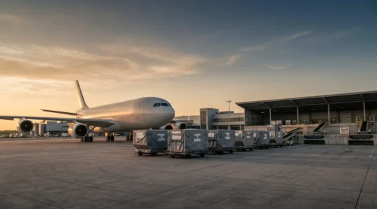 Zone cargo aéroportuaire française avec avion de fret et conteneurs aériens