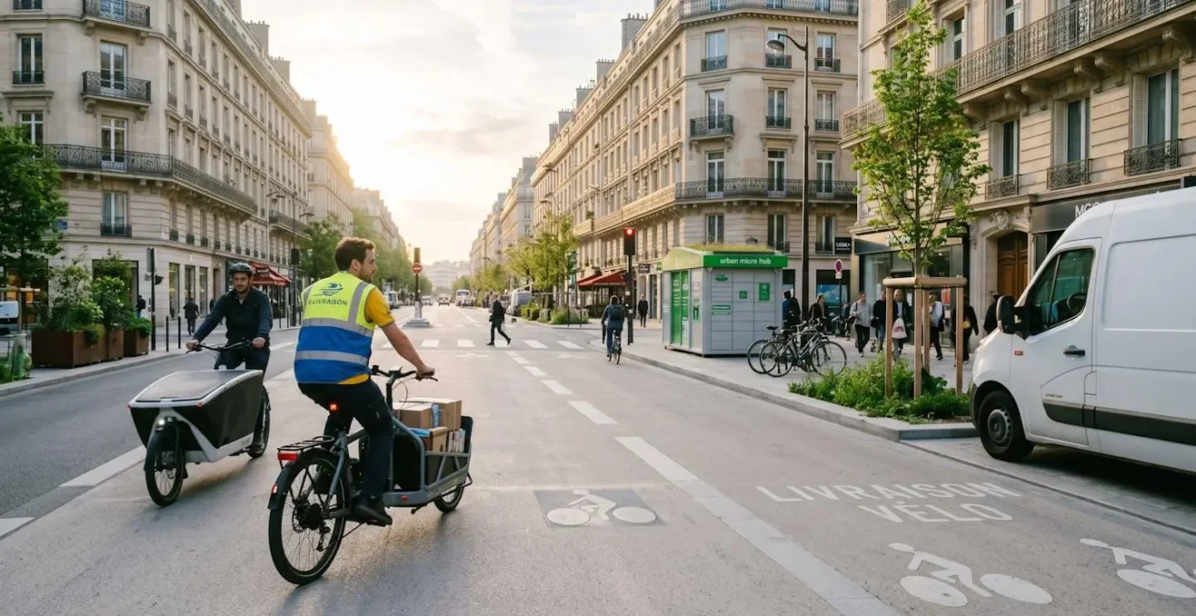 Livraison urbaine décarbonée dans une ville française avec vélos cargo et infrastructures modernes