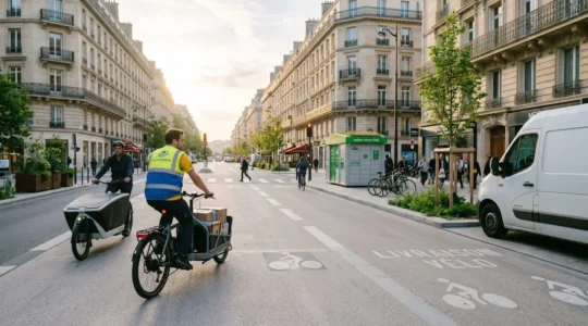 Livraison urbaine décarbonée dans une ville française avec vélos cargo et infrastructures modernes