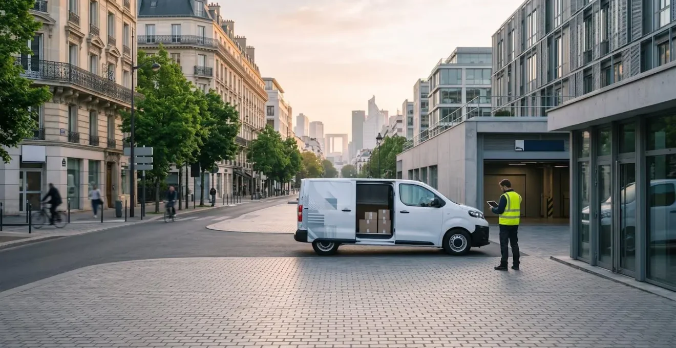 Livreur professionnel préparant sa tournée avec véhicule utilitaire électrique moderne dans un environnement urbain français réglementé