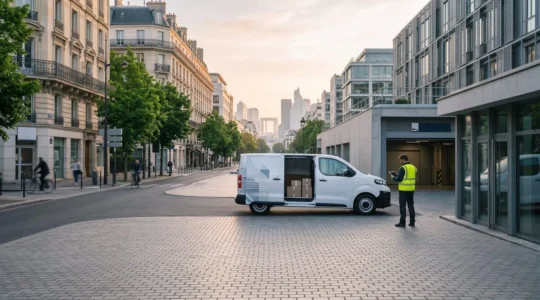 Livreur professionnel préparant sa tournée avec véhicule utilitaire électrique moderne dans un environnement urbain français réglementé