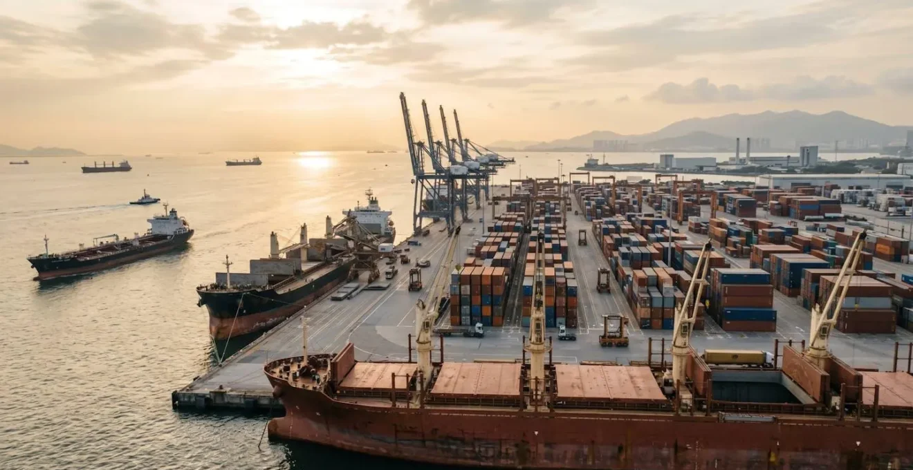 Vue d'ensemble d'un port maritime moderne avec différents types de navires de transport de marchandises