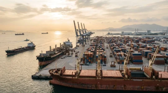Vue d'ensemble d'un port maritime moderne avec différents types de navires de transport de marchandises