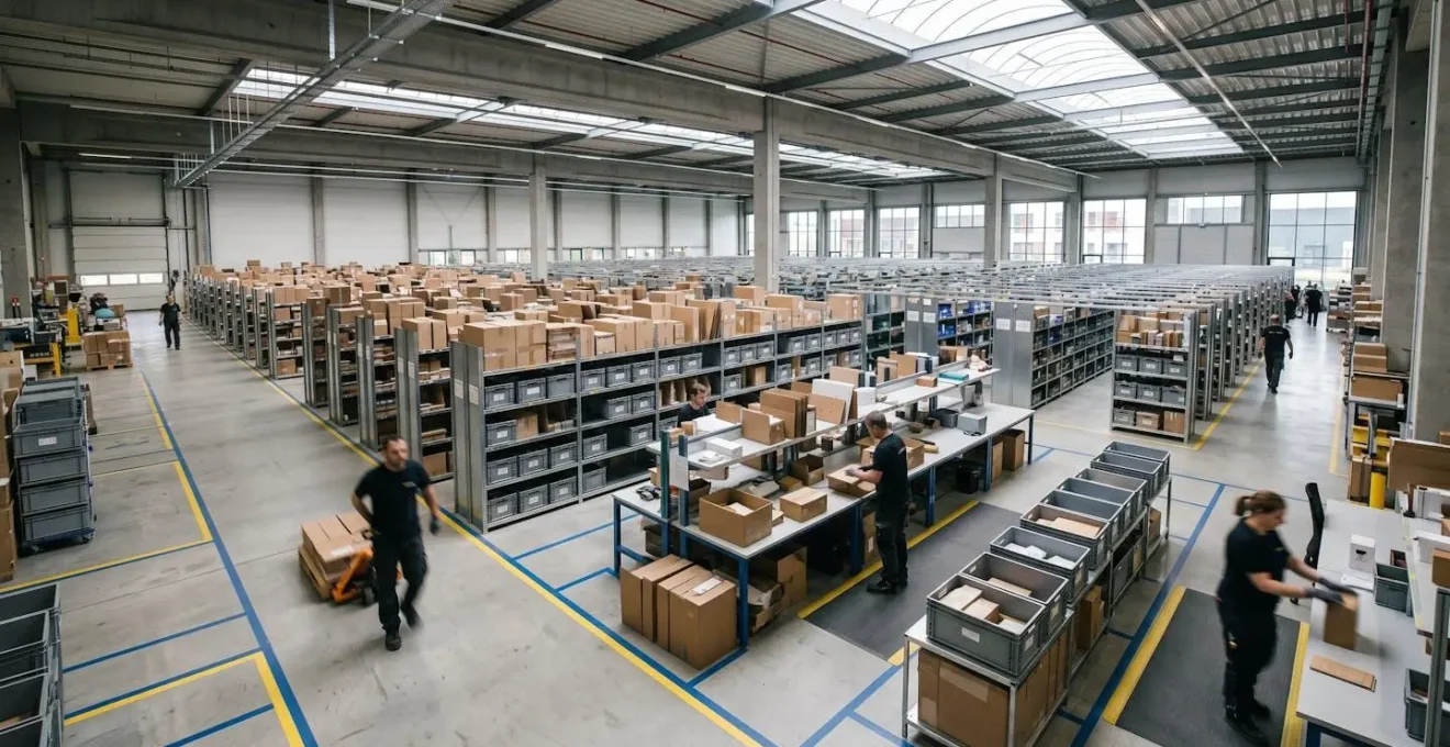 Vue d'ensemble d'un entrepôt logistique moderne avec zones de préparation de commandes organisées et flux optimisés