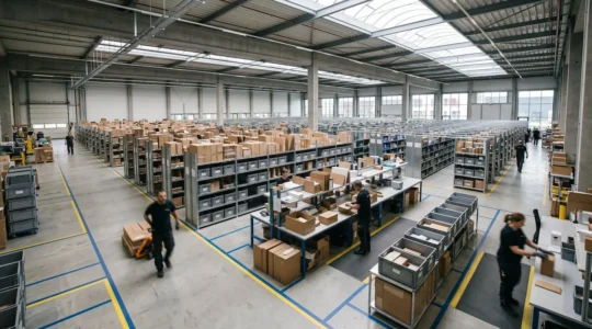 Vue d'ensemble d'un entrepôt logistique moderne avec zones de préparation de commandes organisées et flux optimisés