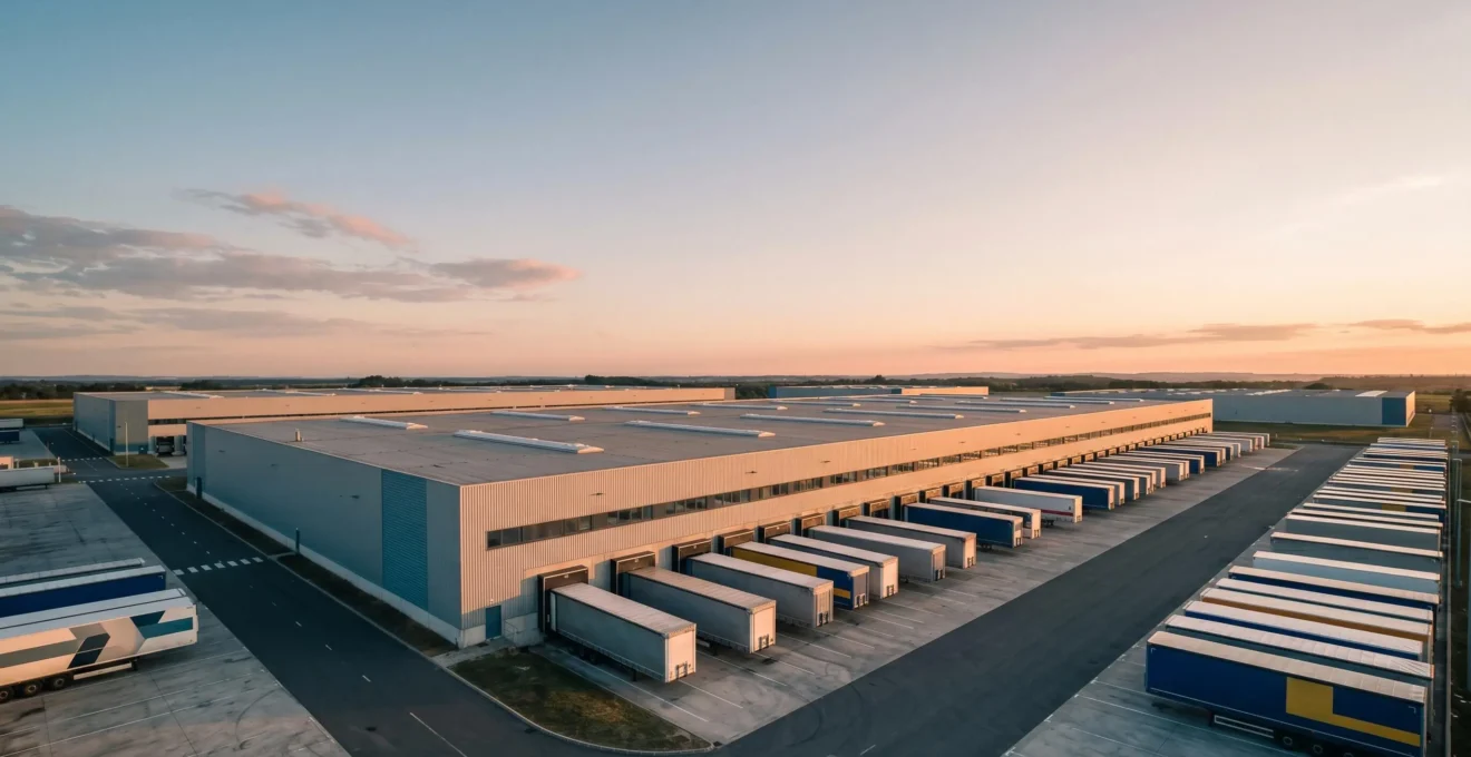 Vue aérienne d'une zone logistique moderne avec semi-remorques en chargement efficace