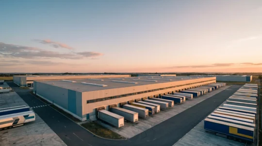Vue aérienne d'une zone logistique moderne avec semi-remorques en chargement efficace