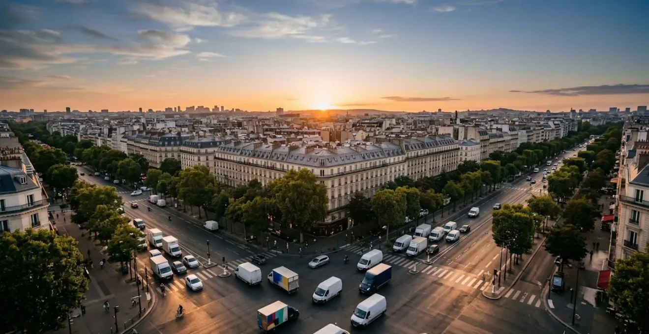 Vue aérienne d'un réseau logistique optimisé avec des véhicules de livraison suivant des itinéraires efficaces en milieu urbain français