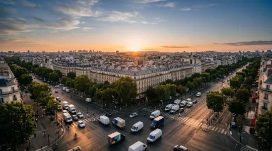 Vue aérienne d'un réseau logistique optimisé avec des véhicules de livraison suivant des itinéraires efficaces en milieu urbain français