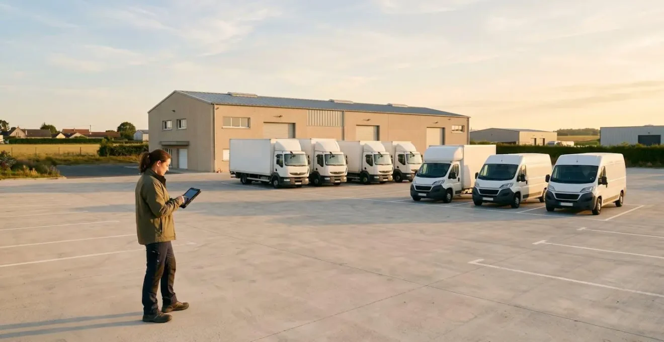 Vue d'ensemble d'un centre de distribution moderne avec camions et technologies connectées