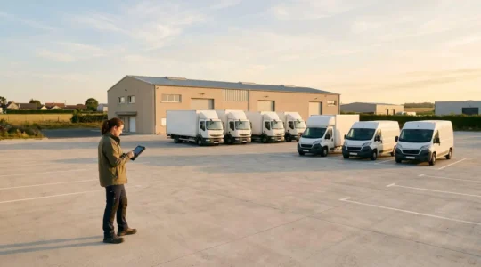 Vue d'ensemble d'un centre de distribution moderne avec camions et technologies connectées