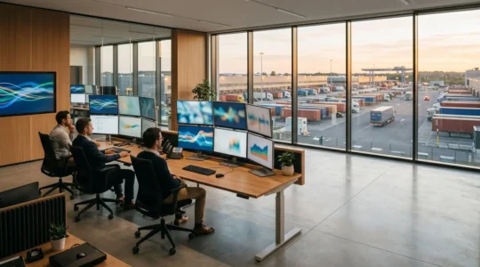 Tour de contrôle logistique moderne avec écrans de supervision en temps réel