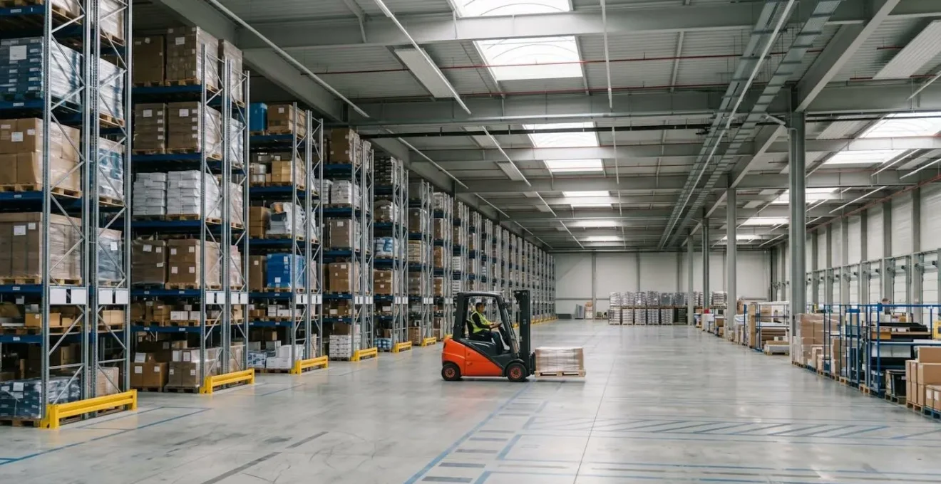 Vue d'ensemble d'un entrepôt logistique moderne en France avec des palettes organisées et des chariots élévateurs en mouvement