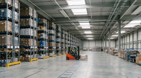 Vue d'ensemble d'un entrepôt logistique moderne en France avec des palettes organisées et des chariots élévateurs en mouvement