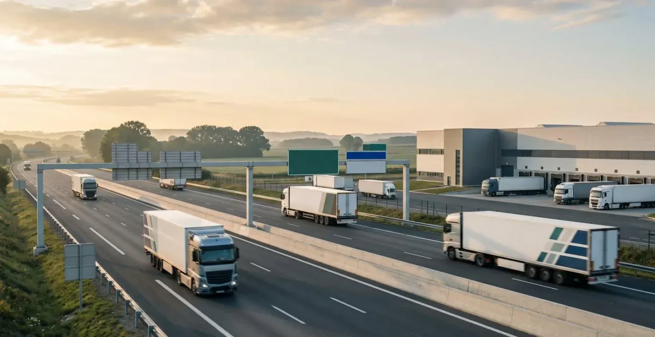 Photographie éditoriale montrant des camions de fret moderne sur une autoroute française avec des éléments visuels évoquant la réduction des émissions